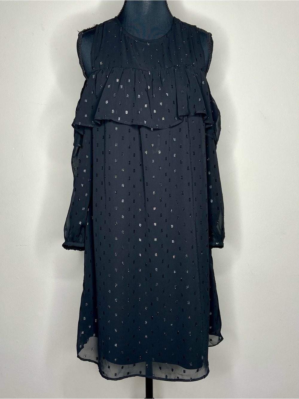 Black Sheer Metallic Dot Ruffle Cold-Shoulder Dress Size Small